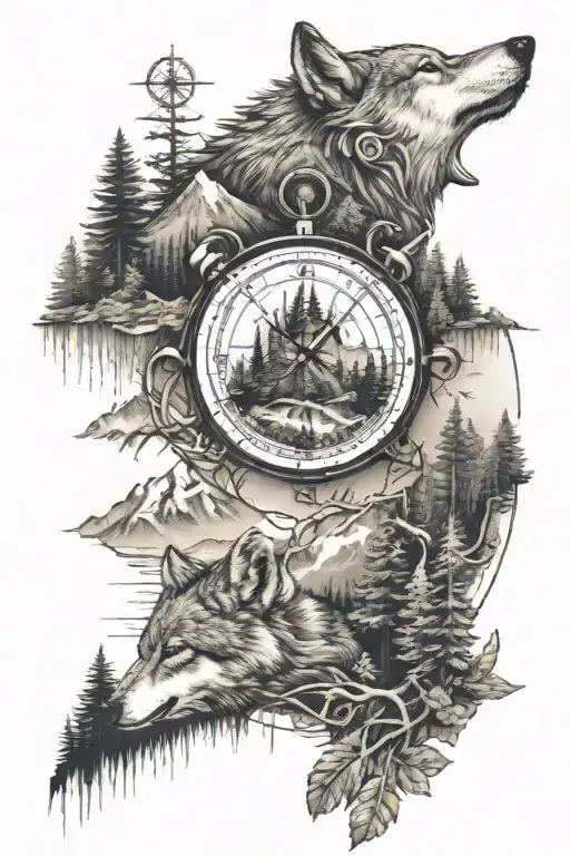 Dense Pineforest Mountain Landscape Wolf Compass
