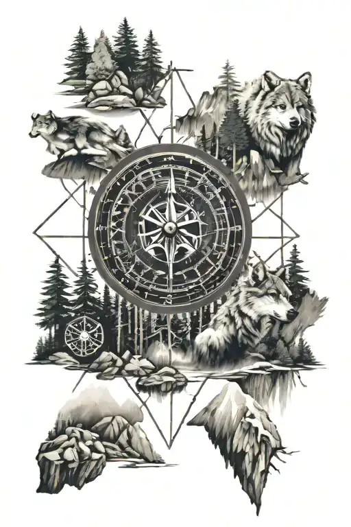 Dense Pineforest Mountain Landscape Wolf Compass