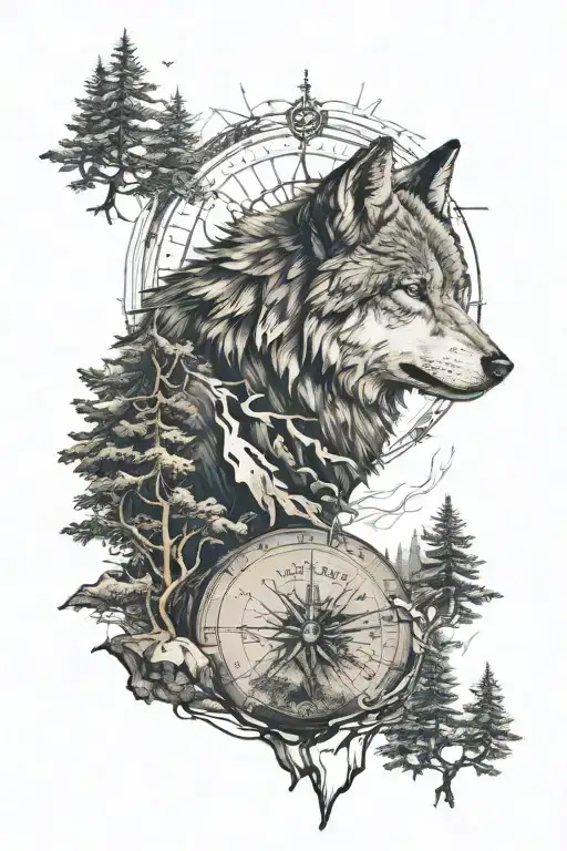 Dense Pineforest Mountain Landscape Wolf Compass