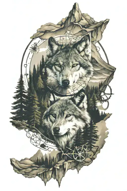 Dense Pineforest Mountain Landscape Wolf Compass