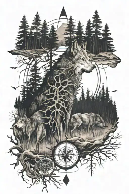 Dense Pineforest Roots Landscape Wolf Compass