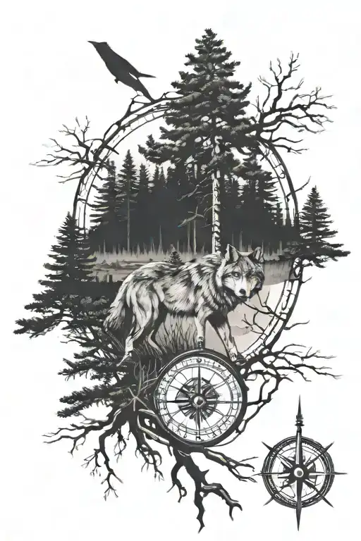Tall Pineforest Roots Landscape Wolf Compass
