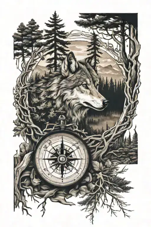 Dense Pineforest Roots Landscape Wolf At The Bottom Compass