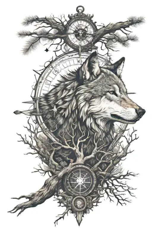 A Dense Pinefores Landscape With A Wolf Head In The Middle And Roots At The Bottom With A Compass