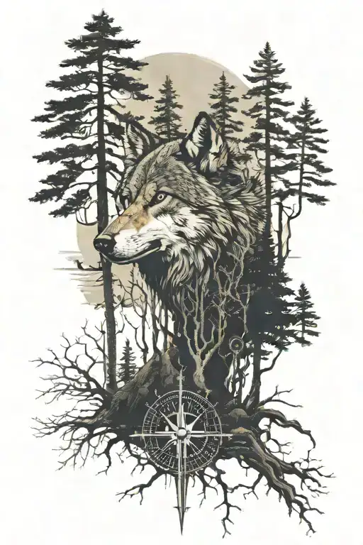 A Tall Pinefores Landscape With A Wolf Head In The Middle And Roots At The Bottom With A Compass