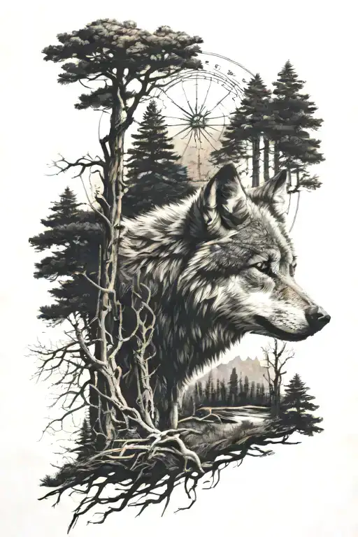 A Tall Pinefores Landscape With A Wolf Head In The Middle And Roots At The Bottom With A Compass