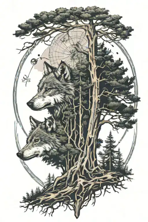 A Tall Pinefores Landscape With A Wolf Head In The Middle And Roots At The Bottom With A Compass