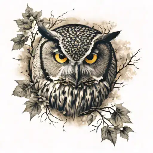 Realistic Owl Surrounded With Trees Background Looking