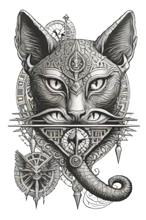 Eye Of Ra Ankh Intertwined Cat Goddess Statue Surrounded Pyramids On Nile With Hieroglyphics