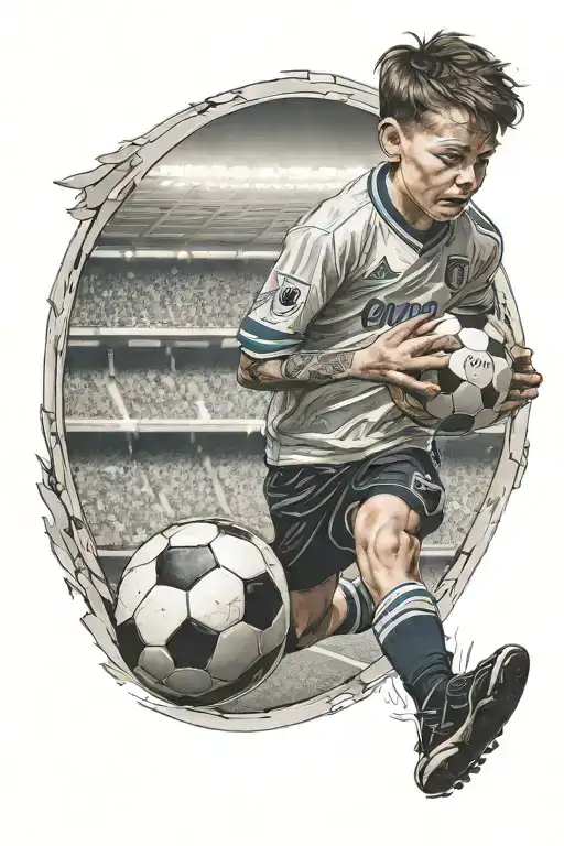 Kid Wearing A Number 10 T-shirt Holding A Football In Front Of A Football Stadium