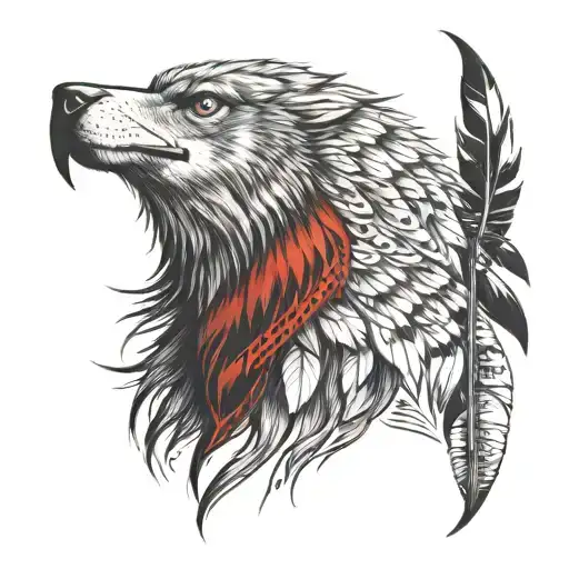 Wolf Looking Forward With Red Tale Hawk Soaring Eagle Carrying Beaded Eagle Feathers