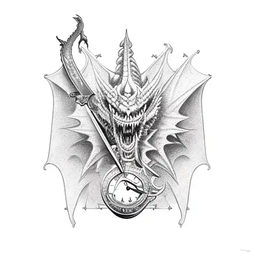 Card On A Sword And A Tall Clock With A Dragon