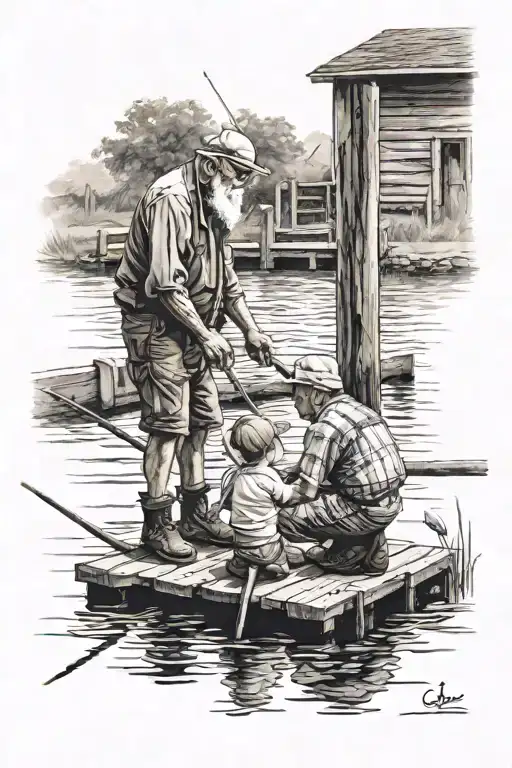 A Grandfather And A Grandson Fishing Off A Dock Looking Out Into The Water