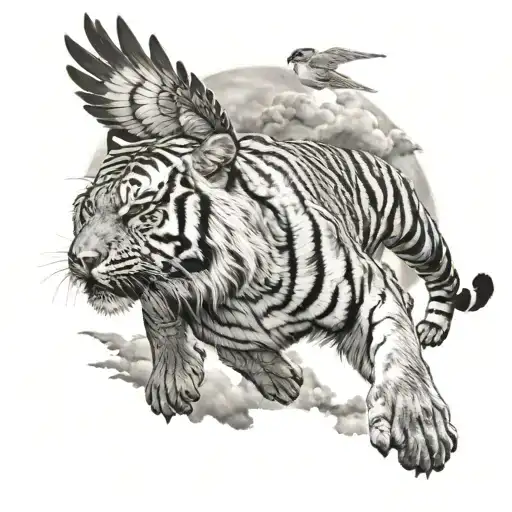 Tiger And Bird Flying In The Sky