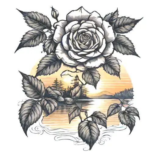 Roses Leaves Sunset Over Lake