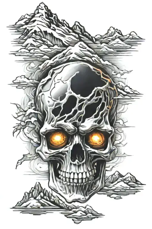 Skull With Glowing Eyes And Mountains