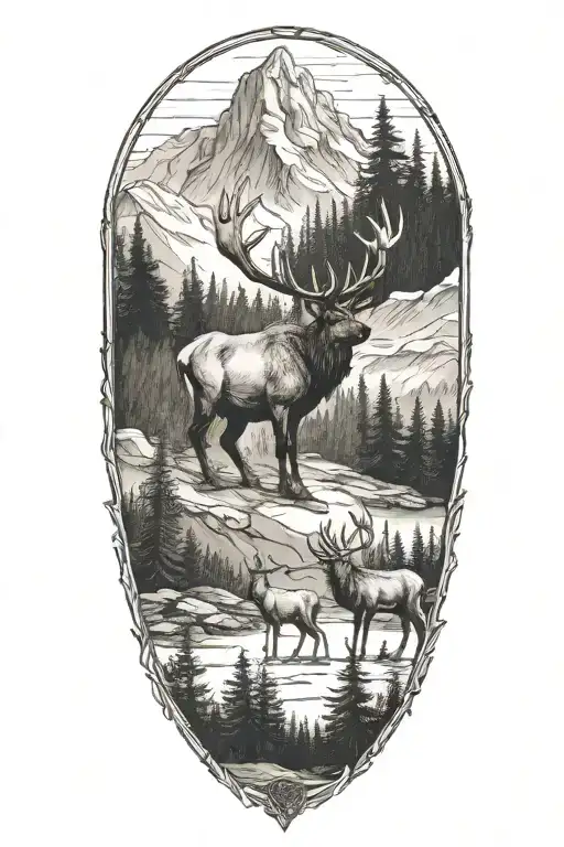 Pacific Northwest Mountains And Forest Elk Standing In Opening