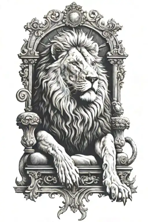 Lion Sitting On A Throne Surronded By Sheep Head