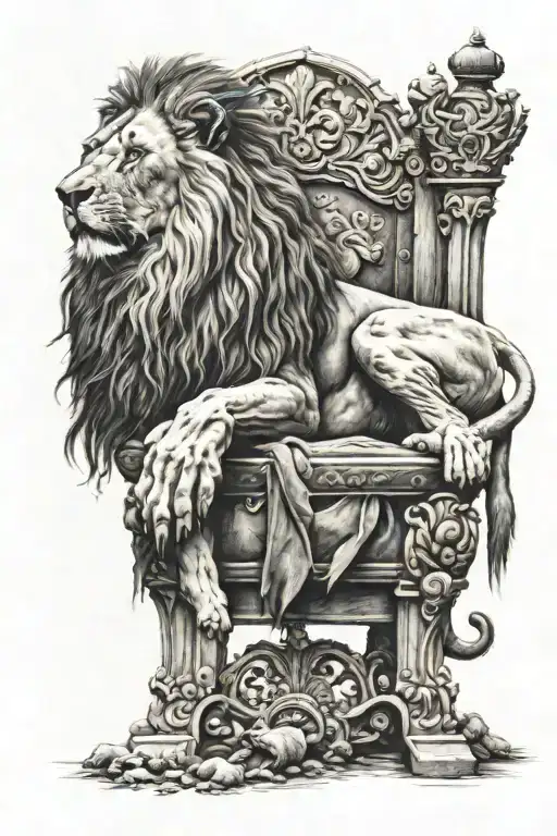 Lion Sitting On A Throne Surronded By Dead Sheep