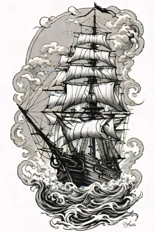 Pirate Ship Sailing Rough Seas Meramid On Front