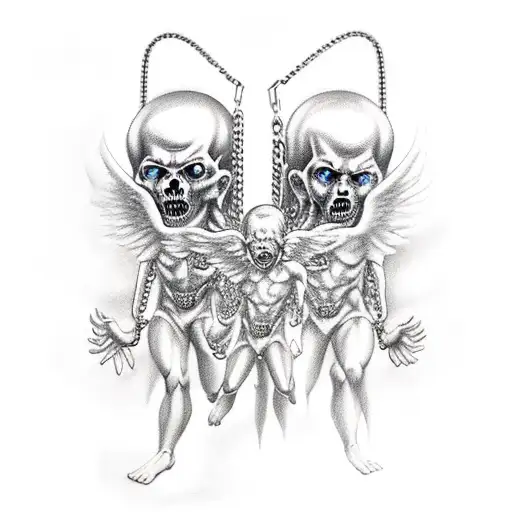 Human Demon In Chains Held By 4 Angels