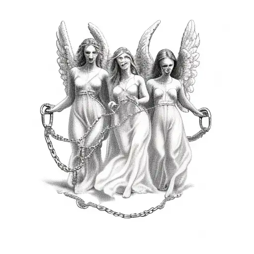 Human Struggling In Chains Held By Four Angels A Little Back
