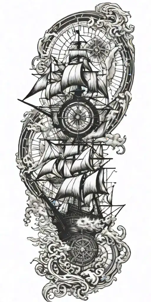 Pirate Ship Sailing Through Stormy Sea Lost In Time Compass Rose Outline