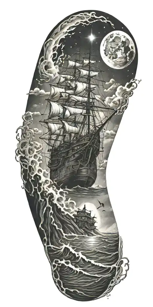 Ship At Sea Lost In Time Falling Moon