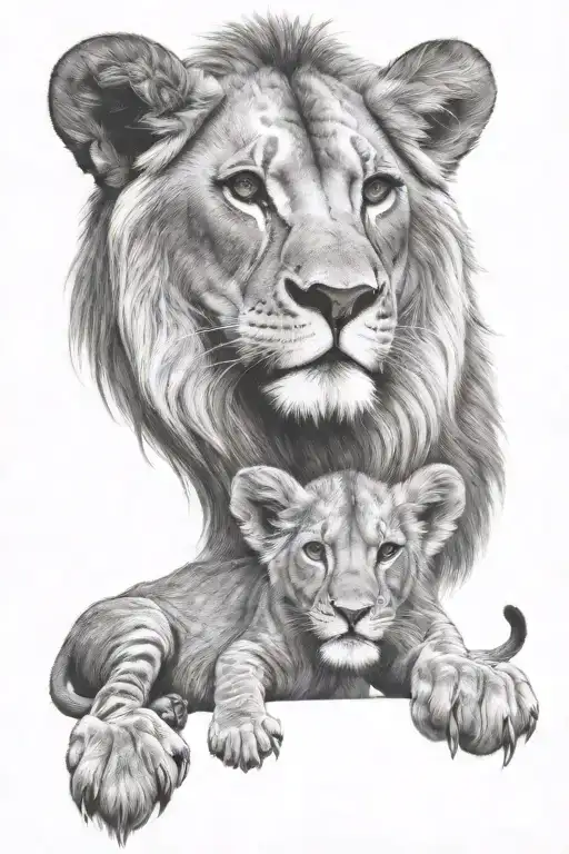 Dad And Baby Lion Standing