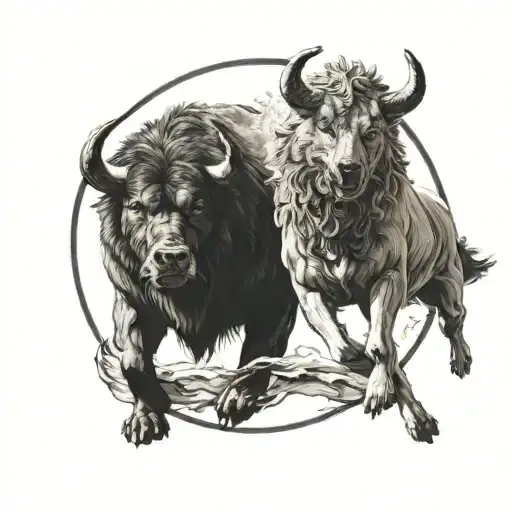 Bull And Wolf Moving In A Circle