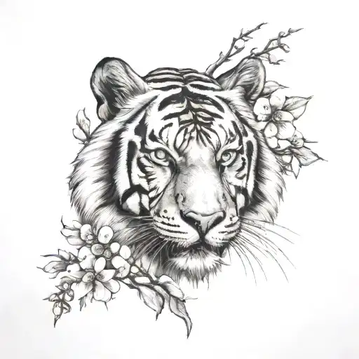 Tiger Head With Japanese Cherry Blossom