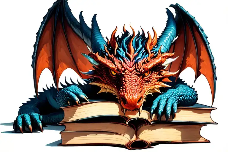 The Dragon Lies With His Head On Books And Looks At The Condemning Tired Gaze