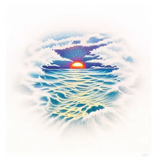 A Serene Sunset Over A Calm Ocean With Crashing Waves