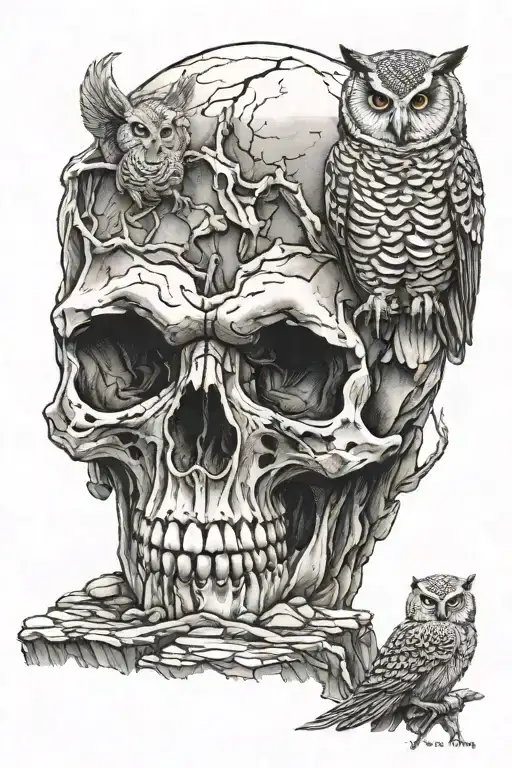 Skull On A Cliff Side With Owl Sitting Together