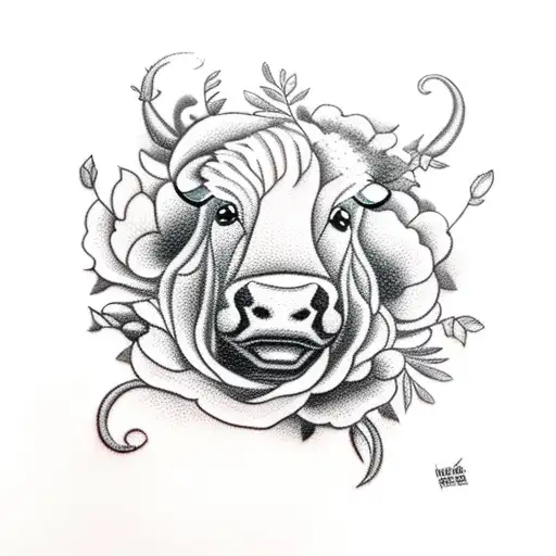 Full Side Of A Fluffy Cow Smelling A Flower