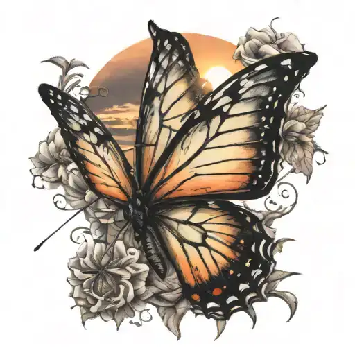 Sunset And Butterfly Emerging