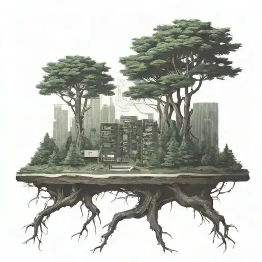 Black And White Fir Trees Whoses Roots Turn Into Printed Circuit Board