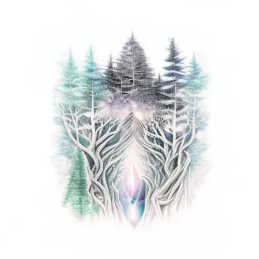 A Mystical Forest With A Space-themed Waterfall