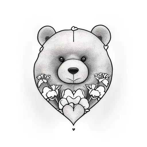 A Minimalist Tattoo Of A Teddy Bear And Iris Flowers Forming A Heart Shape