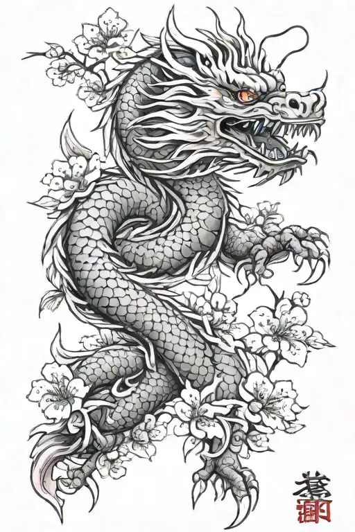 Japanese Dragon On Thigh With Cherry Blossoms