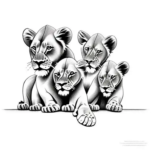 Lion Protecting Three Cubs