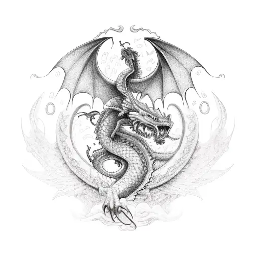 A Realistic Portrait Of A Dragon Surrounded By Musical Notes And Symbols