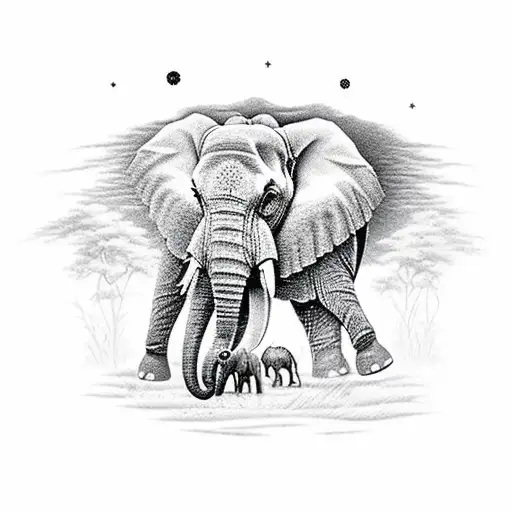 A Serene Outdoor Scene With Elephants And Tigers Stargazing In The Savannah In A Dotwork Style