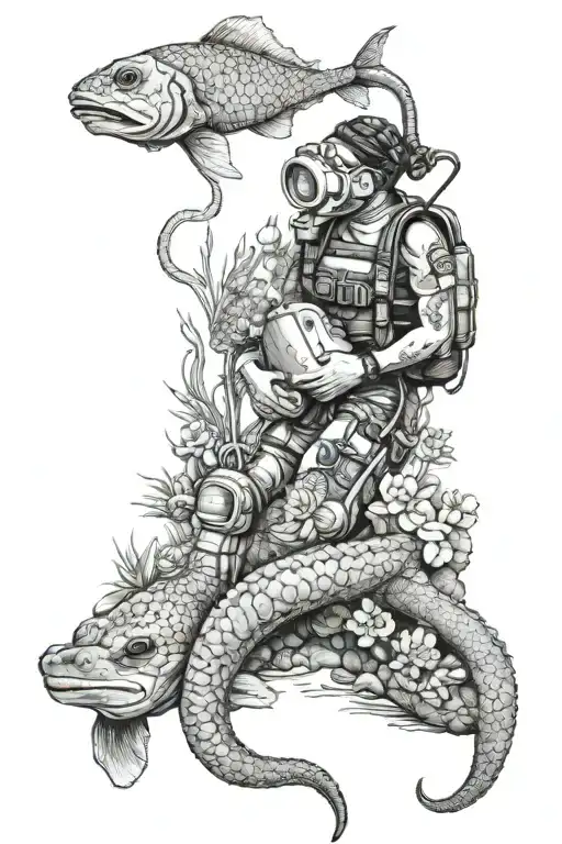 Moray Eel And Female Scuba Diver Surrounded