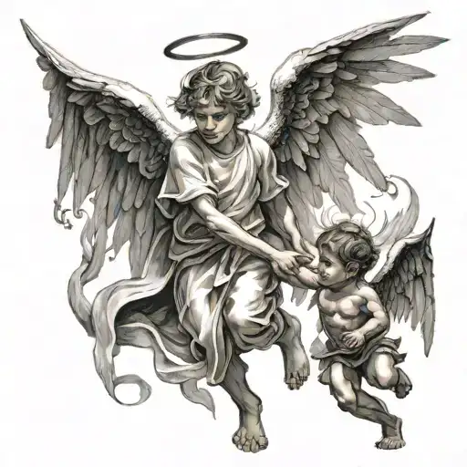 Angel Protecting Little Boy From Devil And Demons Trying To Kill Him