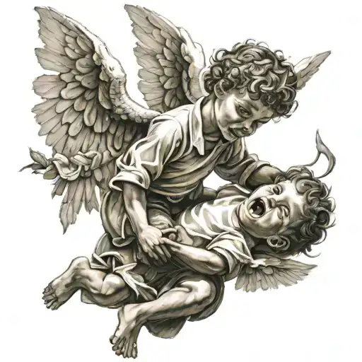 Angel Distracting Little Boy From Devil And Demons Trying To Kill Him