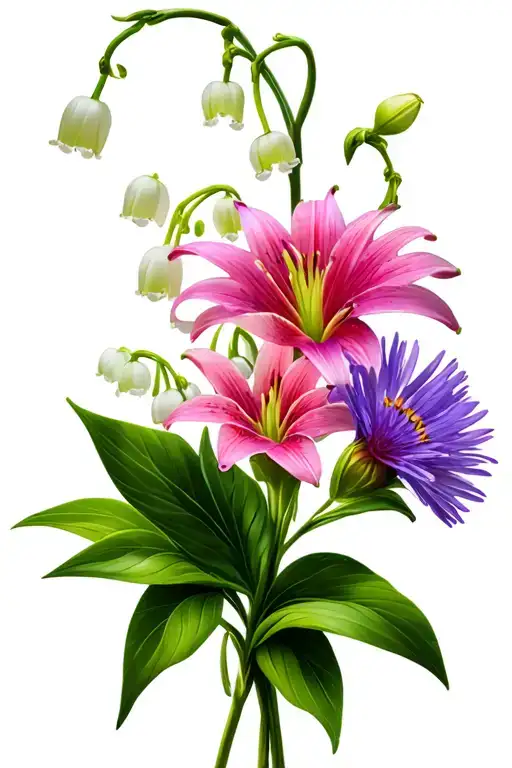 Pink Lily Of The Valley And Purple Aster Flower Bouquet Tied