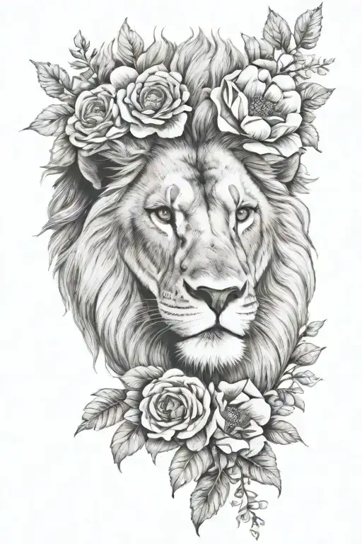 Lion Head Face With Flowers