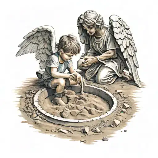 Little Boy Playing In Sandbox With Angel Guarding Him From Demons
