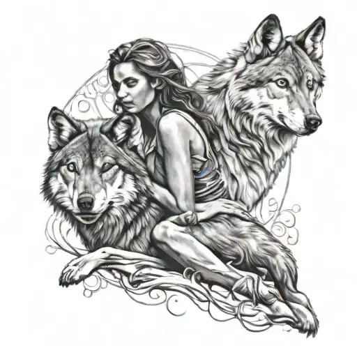 Wolf And Woman Posing